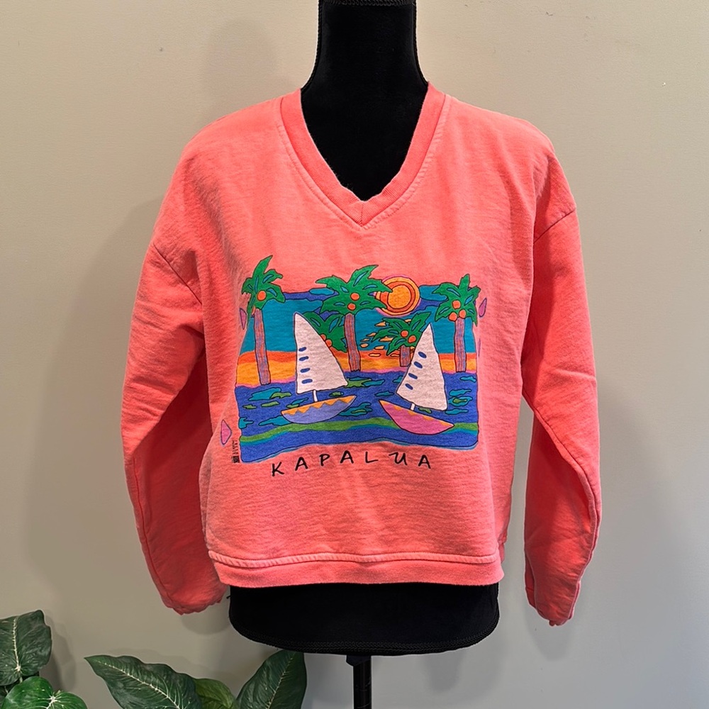 Bright like new FRESH PRODUCE Coral Kapalua V-Neck Sailboat Sweatshirt L EUC